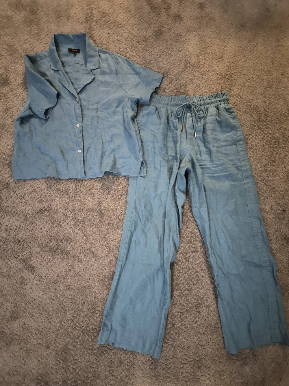 Quince 2-Piece European Linen Set SS Shirt & Wide Leg Pants Mineral Blue - M